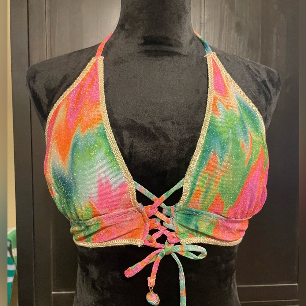 BECCA Vibrant Green and Orange Bikini Top